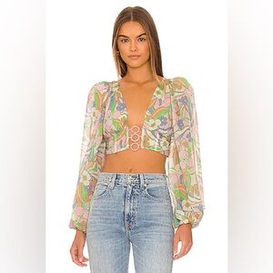 FOR LOVE & LEMONS Guinevere Crop Top Retro Boho Festival Puff Sleeves Size Small